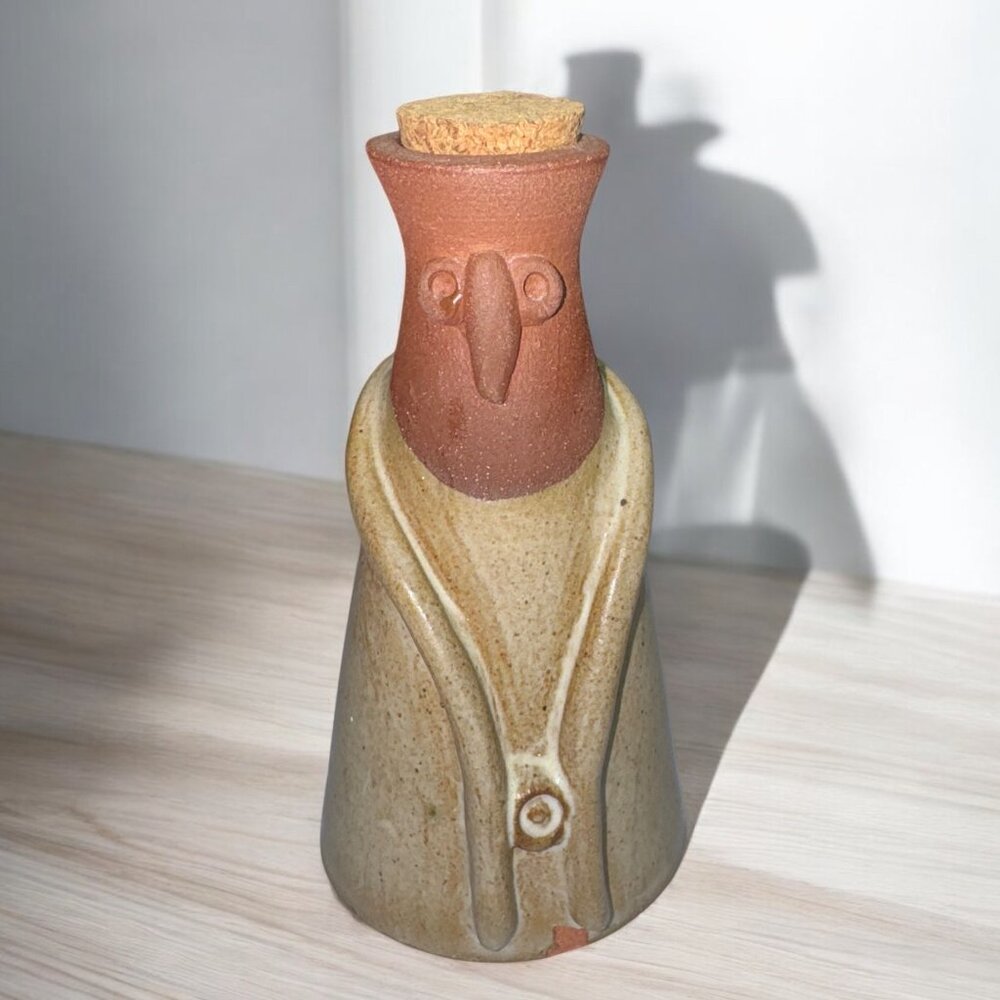Pottery Oil or Vinegar Cruet Unusual Face Red Clay Cork Top Lid